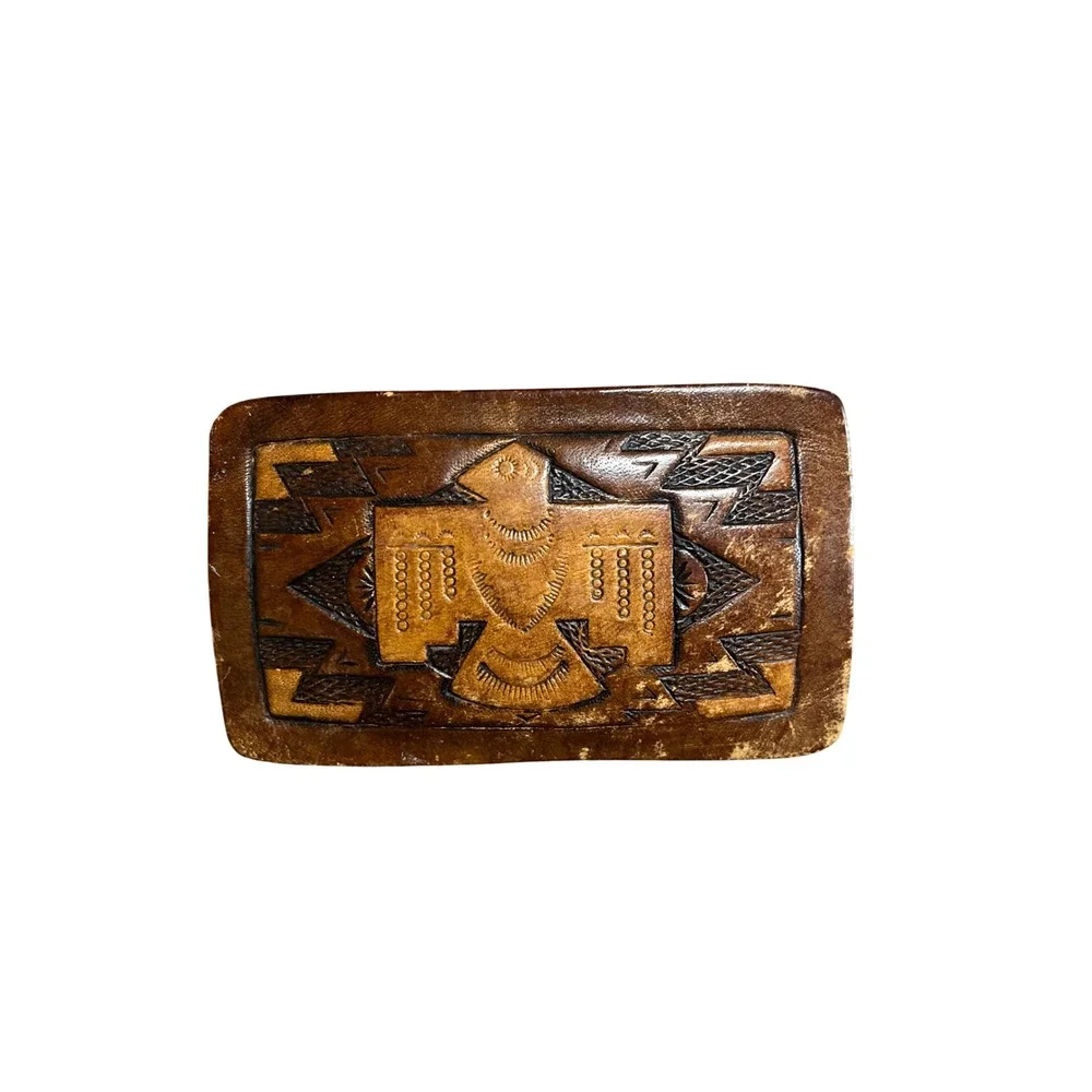 Vintage Hand Tooled Leather Thunderbird Belt Buckle Brown Southwestern Western